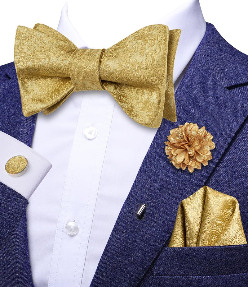 Dubulle Self Tie Gold Bow Tie and Lapel Pin Set Bow Ties for Men Paisley Floral Handkerchief Cufflinks Set Wedding - Image 2